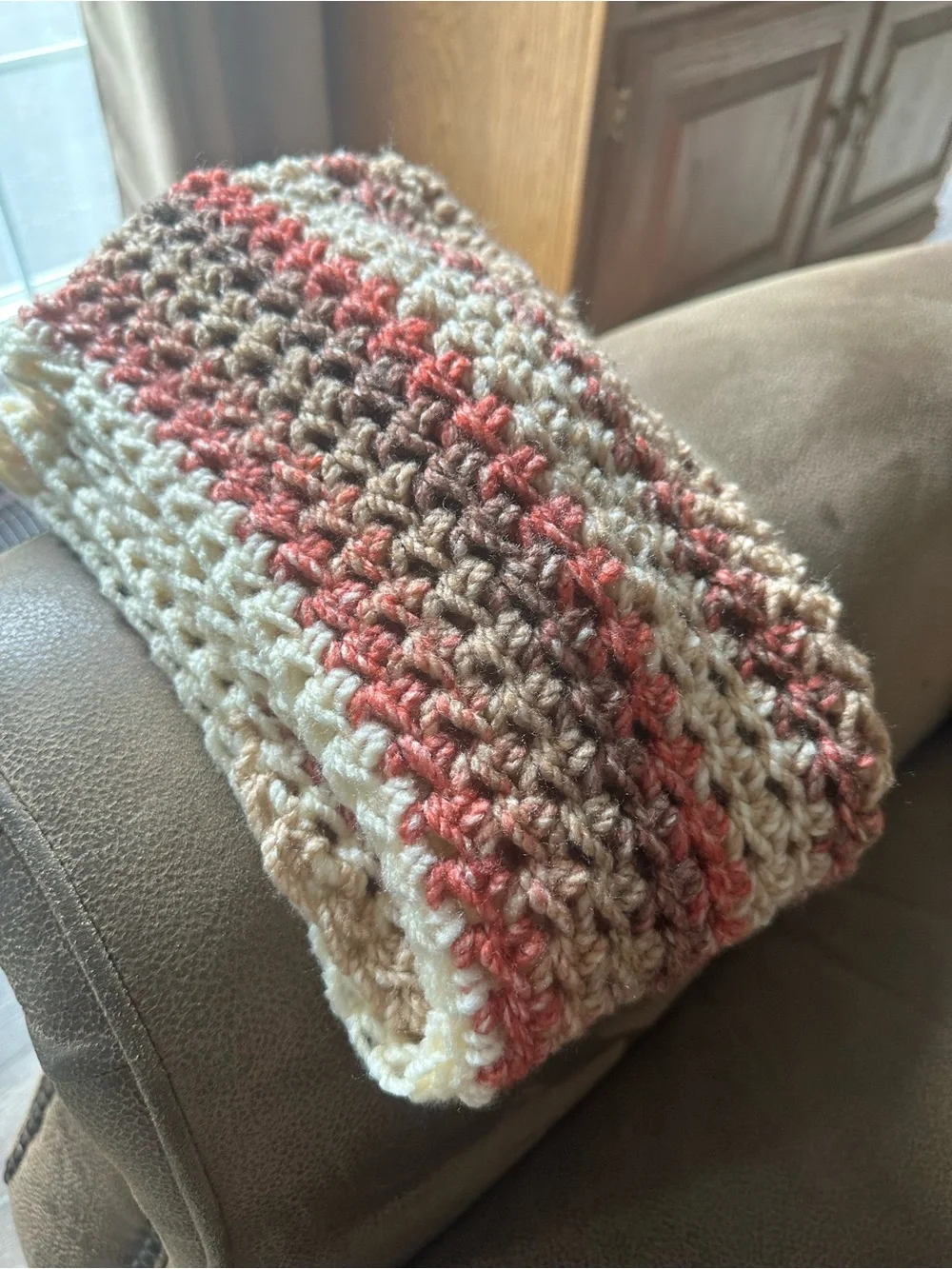 Handmade Crochet Infinity Scarf in Cream, Tan and Coral